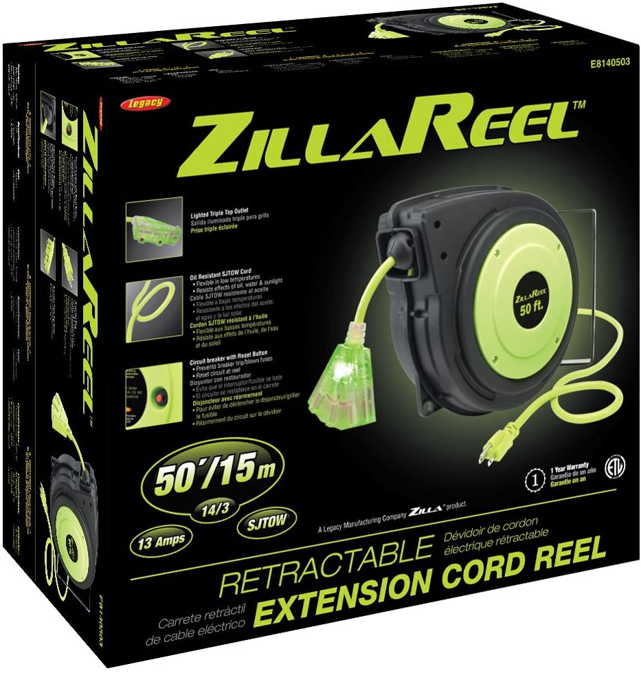 ZILLAREEL ENCLOSED ELECTRICAL CORD REEL RETRACTABLE 50' TRIPLE OUTLET W/RESET